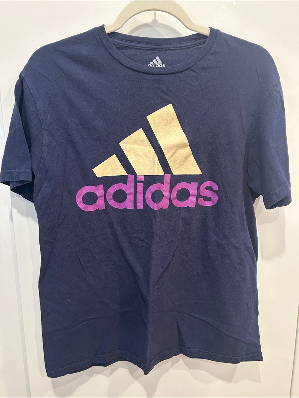 adidas Navy Short-Sleeve Tee with Gold Logo and Pink Text